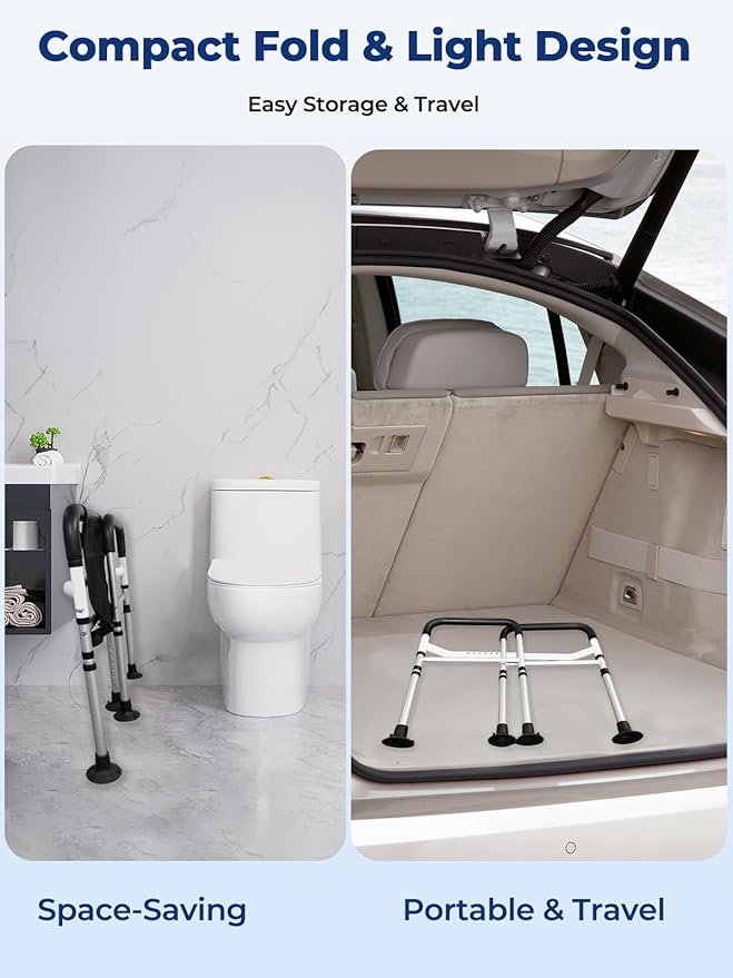 WHLICKS Toilet Safety Rails, Height & Width Adjustable Detachable Toilet Safety Frame for Seniors, Elderly & Disabled, Foldable Handicap Toilet Rails with Handles Storage Bag, Tissue Holder (350LB)