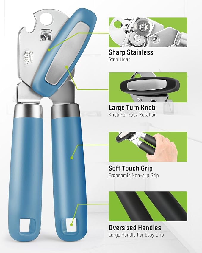 Multifunctional Can Opener Manual, Durable Heavy Duty Handheld Strong Can Opener with Smooth Cutting Edge, Friendly Kitchen Essentials Tool for Seniors, Camping and Bottle Opening-Blue
