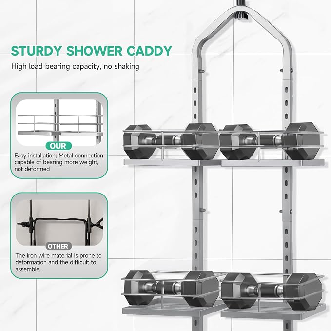 Shower Caddy Hanging for Handheld Showerheads Adjustable Hagging Shower Caddy, Stainless Steel Hose Hanging Shower Organizer 4 Levels Height Shower Rack (Sliver)