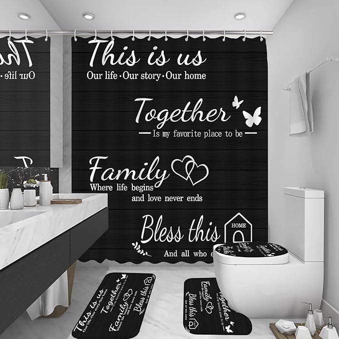 4Pcs Family Shower Curtain Sets with Non-Slip Rugs, Toilet Lid Cover and Bath Mat, Black Home Bathroom Decor Set Accessories Waterproof Shower Curtains with 12 Hooks, 72 x 72 Inch
