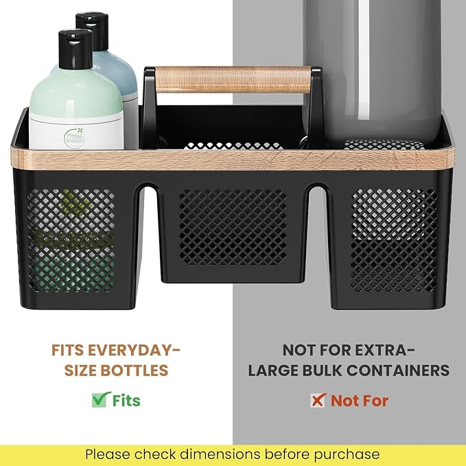 BYUNER Plastic Shower Caddy Dorm: Portable Hard Shower Basket with Handle, 4 Divided Compartments, All-Side Drainage, Bathroom & Cleaning Caddy for College Dorm Room Essentials, Black/wood grain