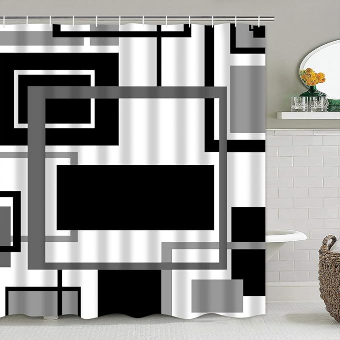 Yddsky 4 Pcs Black Geometric Shower Curtain Sets with Rugs Black Bathroom Sets with Shower Curtain and Rugs Modern Bathroom Curtains Shower Set with Toilet Lid Cover for Bathroom Decor Accessories