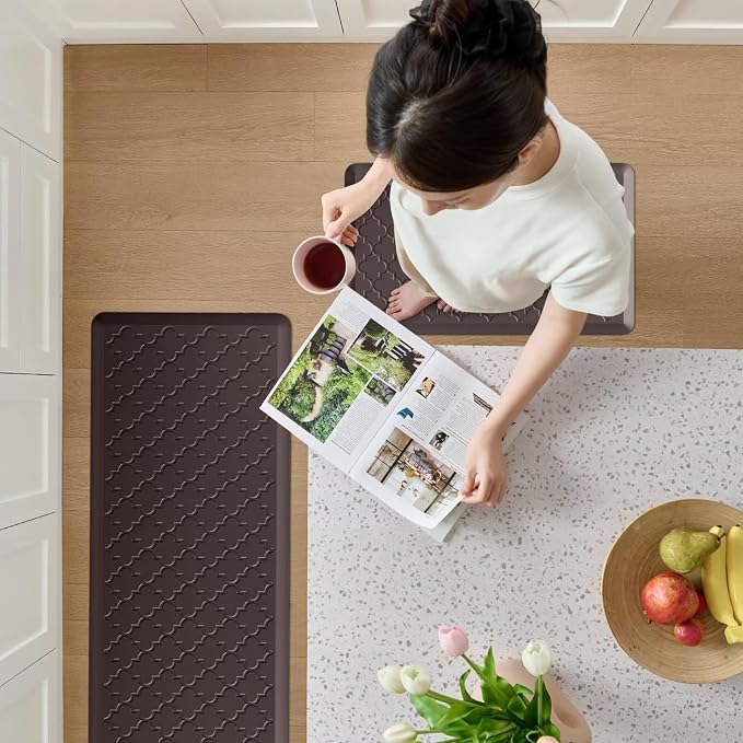 Kitchen Mats for Floor 2 Piece - Anti Fatigue Mats for Kitchen Floor - Non Slip Cushioned Rugs for Standing, Office, Sink, Laundry, Chocolate