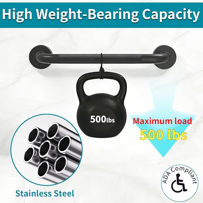 Shower Grab Bars for Seniors, 18 Inch Matte Black Bathroom Handle for Wall, Stainless Steel Anti Slip Bathtub Safety Bar, ADA Compliant 500 LBS Hand Rail for Elderly, Handicap
