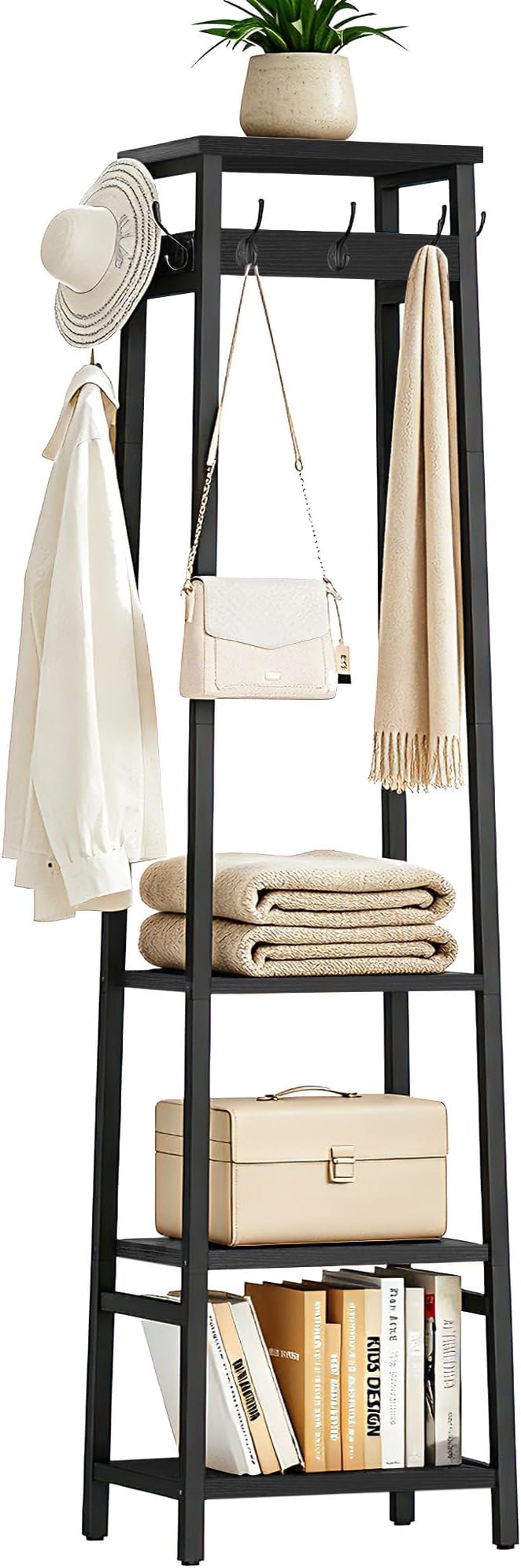 Coat Rack Freestanding, Coat Stand with 3 Shelves and 7 Hooks, Hall Tree Free Standing, Clothes Rack Stand Organizer for Bedroom, Hallway, Entryway, Living Room, Industrial Style, Black