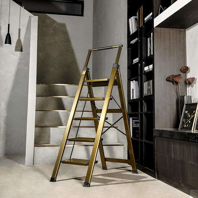 XinSunho 5 Step Ladder, Aluminum 5 Step Stool with Retractable Handrail and Anti-Slip Wide Pedal, Folding Stool Ladders 5 Steps, 330lbs Safety Household Slim Ladder