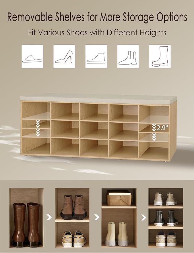 DINZI LVJ Shoe Storage Bench with Cushion, 15-Cubby Shoe Rack, Adjustable Shelves, Long Shoe Organizer Bench for Entryway, Mudroom, Hallway, Living Room, Bedroom and Garage, Natural