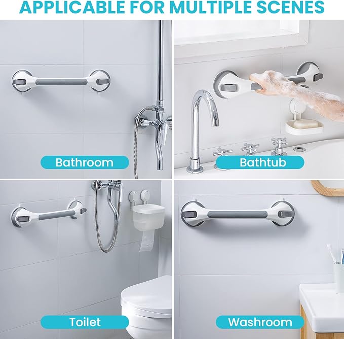 TAILI Shower Grab Bar 16 Inch Suction Cup Grab Bars for Bathroom, Removable Shower Safety Handle Heavy Duty Bathtub Grip for Seniors & Elderly, Strong Handrails No Drilling Waterproof, Grey,G9