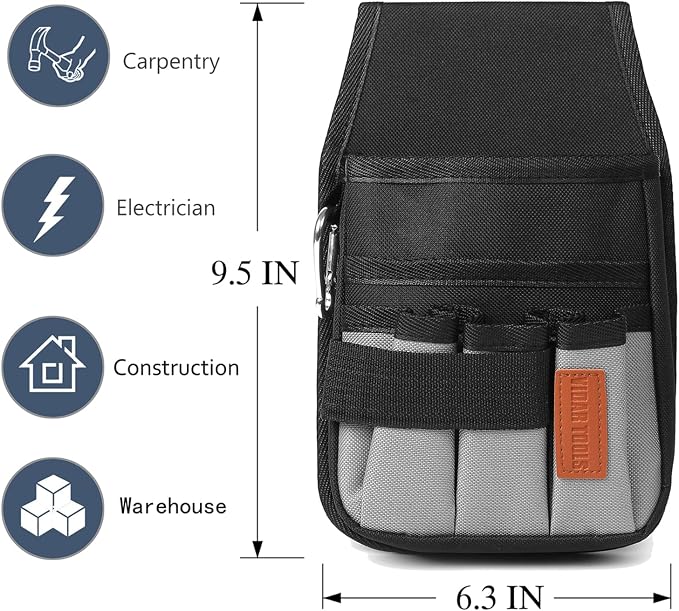 VIDAR TOOLS Small Tool Pouch with Belt Clip,Tool Belt Pouches,Electrician Tool Pouch.Mini Organizer Pocket Attachment for Tool Belt,5 Pockets and Heavy-Duty Metal Belt Clip Attachment.…