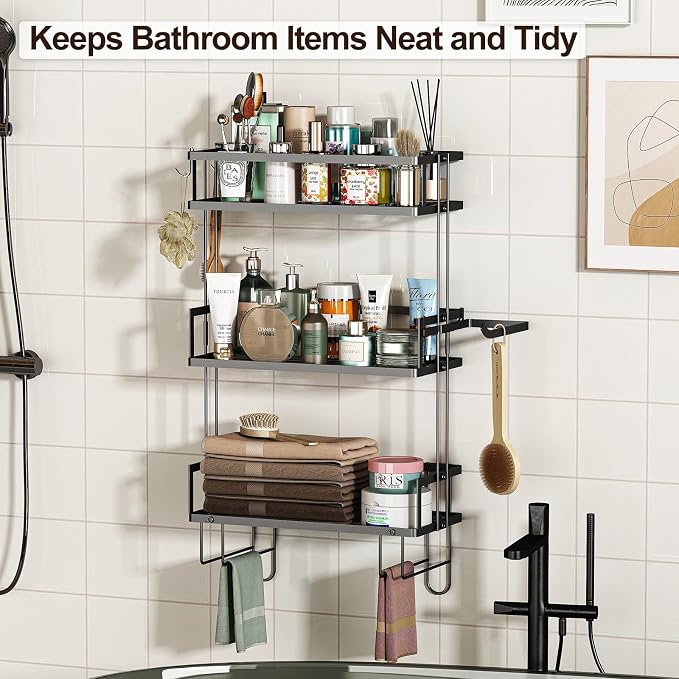 Godboat Bathroom Organizers and Storage, 3-Tier Wall Shelves, Over Toilet Rack with Paper Holder and 2 Hooks, Floating Shelf & Accessories, Gifts for Women, Mom, Mothers Day (Black)