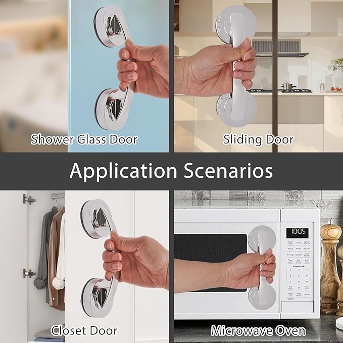1 Pack Suction Cup Handle for Glass Door, Shower Grab Bar Without Drilling, Non-Marking Pull for Sliding Door Wardrobe Refrigerator Microwave Oven (Large,Silver)