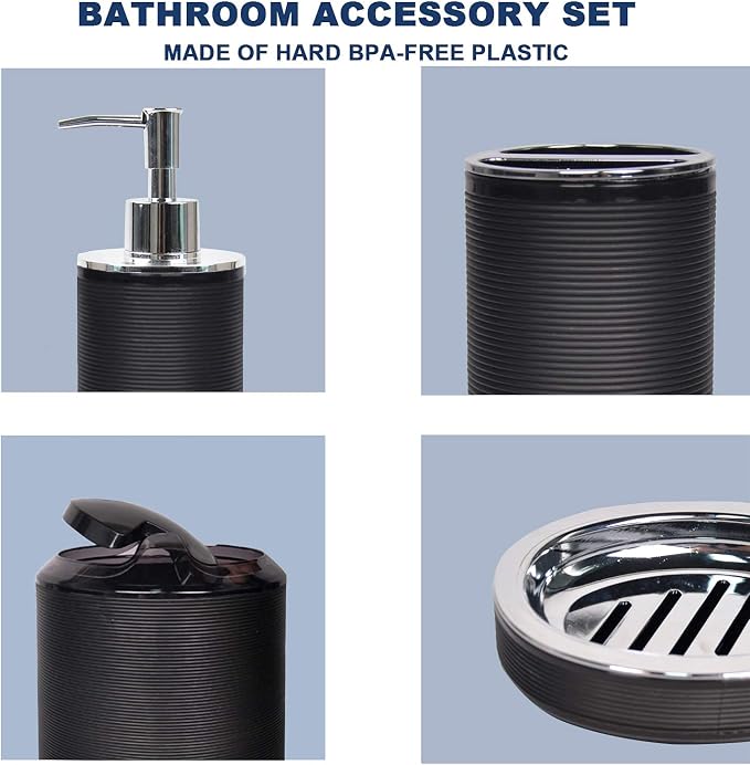 CERBIOR Bathroom Accessories Set 6 Piece Bath Ensemble Includes Soap Dispenser, Toothbrush Holder, Toothbrush Cup, Soap Dish for Decorative Countertop and Housewarming Gift, Black