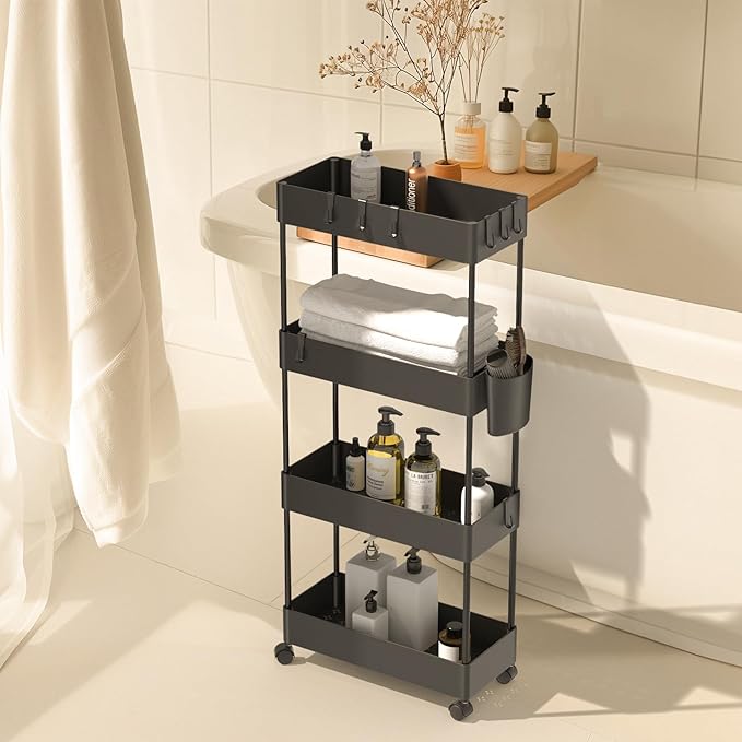 Pipishell Slim Storage Cart with Wheels - Bathroom Cart Organizer Storage, 4 Tier Rolling Carts for Bathroom, Laundry Room, Kitchen, Narrow Space, Black PIUC05