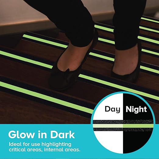 LifeGrip Anti Slip Traction Treads with Glow in Dark Stripe (12-Pack), 2" X 12", Best Grip Tape 80 Grit Non Slip, Pre-Cut Strips, Rounded Corners - Right Size and Ready to Use for Easy Application