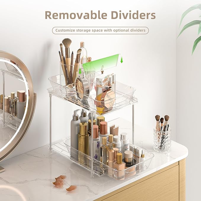 Sevenblue Under Sink Organizer, Bathroom Organizers and Storage, 2 Tier Multi-Use Pull Out Cabinet Organizer with Hang Hooks and Cups (transparent, 4 Pack)