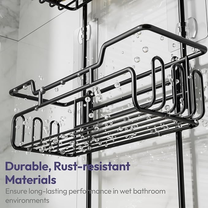SWTYMIKI Bathroom Shower Caddy Hanging - 3 Tier Rustproof Over Shower Head Organizer, No Drilling Bathroom Shelf with 16 Hooks & Soap Holder, Anti-Swing Rack for Shampoo,Sponge,Towel, Black, Medium