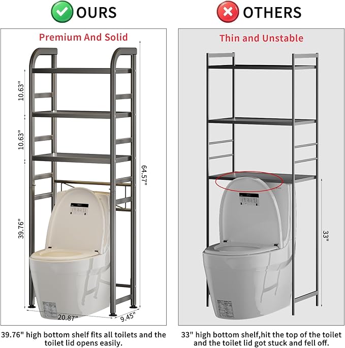 PureBox Over The Toilet Storage, Enhanced Oval Tube Heavy Duty Bathroom Shelf Organizer, Freestanding Metal Toilet Storage Cabinet with Suction Cups for Fastening, 3-Tires Over The Toilet Rack (Grey)