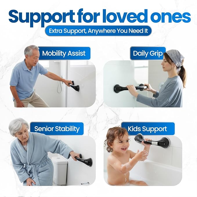 Safe-er-Grip Changing Lifestyles Suction Cup Shower Grab Bar 16 Inch Safety Assist Handle for Bathtub and Shower No Drill Portable Balance Support Non Slip Grip Black
