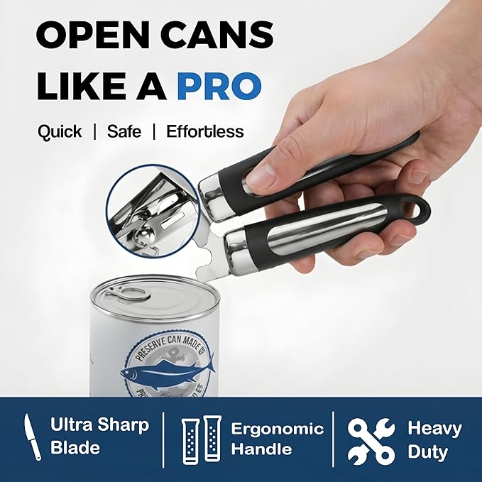 Manual Can Opener – Easy Grip Can Opener Manual, Smooth Edge Design, Durable Stainless Steel, Can Openers for Seniors, Effortless Turning, Kitchen Tool (Silver&Black)