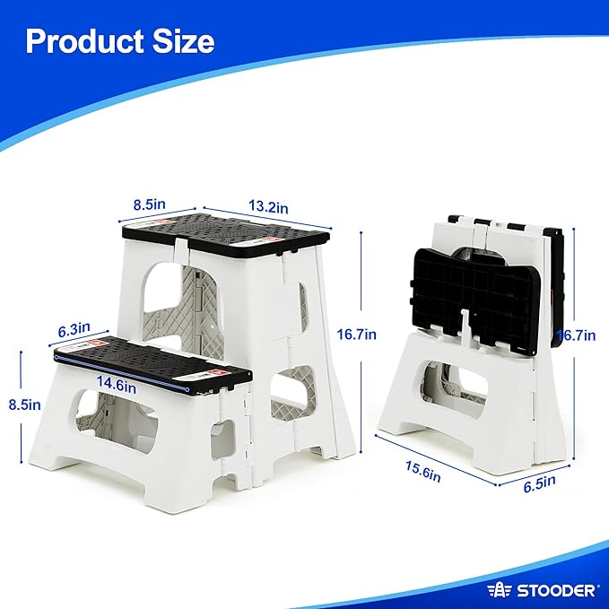 Folding Step Stool, 2-Step 8" 17", Non-Slip, 300lb Capacity | No Assembly, Stable A-Frame, Safety Lock, Anti-Slip Rubber Feet, Collapsible Stool for Kitchen Bathroom Bed RV Offic Garden
