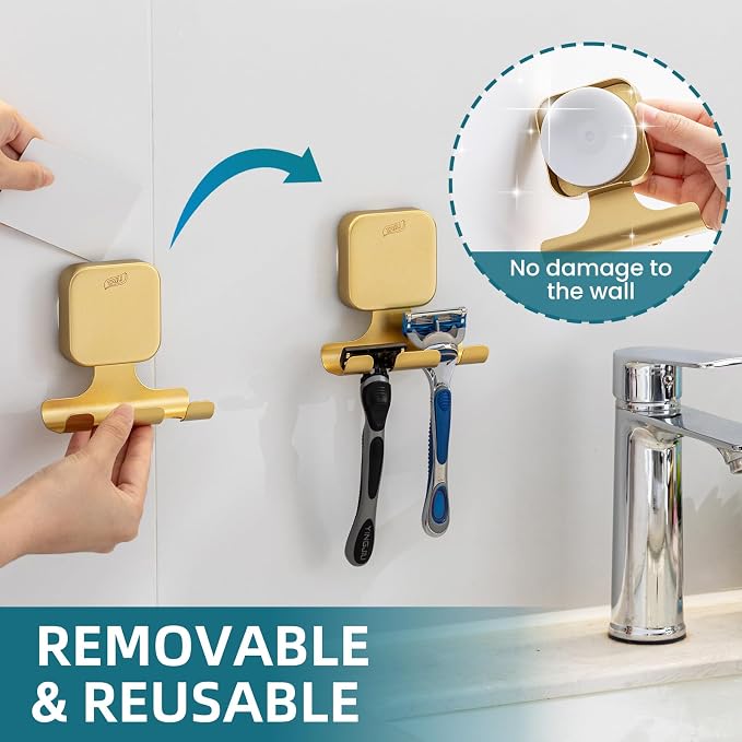 TAILI Powerful Suction Cup Razor Holder 2 Pack, Stylish 304 Stainless Steel Bathroom Suction Hooks for Towel, Loofah, Bathrobe, Shaver Holder for Shower Wall, Easy to Install and Reuse, Gold