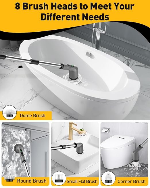Electric Spin Scrubber for Cleaning Bathroom, Shower Scrubber Cordless Cleaning Brush with IPX7 Waterproof & 2 Speed, 3 Brush Heads, Bathroom Cleaning Supplies for Shower Tub Tile Toilet Grey