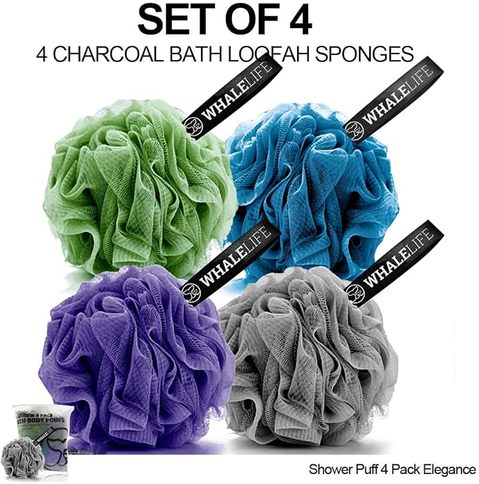 Loofah Sponge Bath Sponge for Women Men 4 Pack (Gray Blue Green Purple)