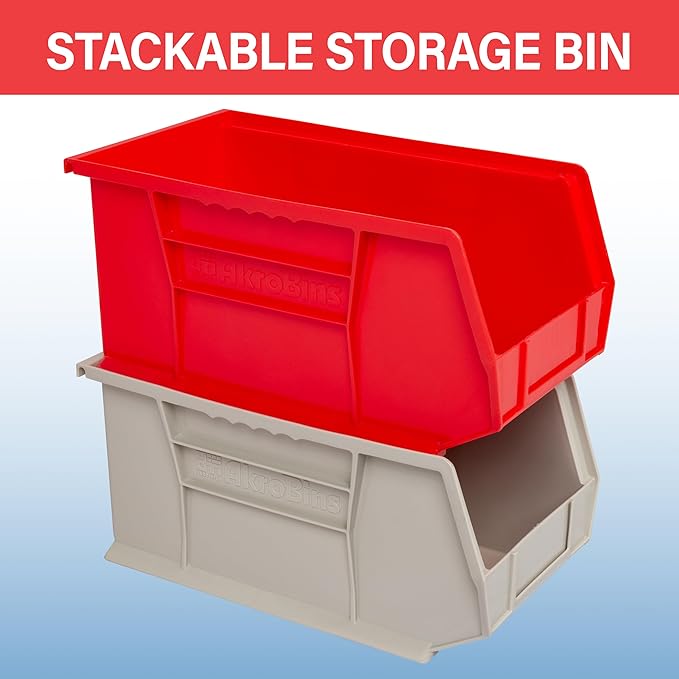 Akro-Mils 30240 AkroBins Plastic Storage Bins, Space Saving Stackable Bins for Garage, Pantry, Craft Organization, 381 x 203 x 178 Mm, Red, 12 Count