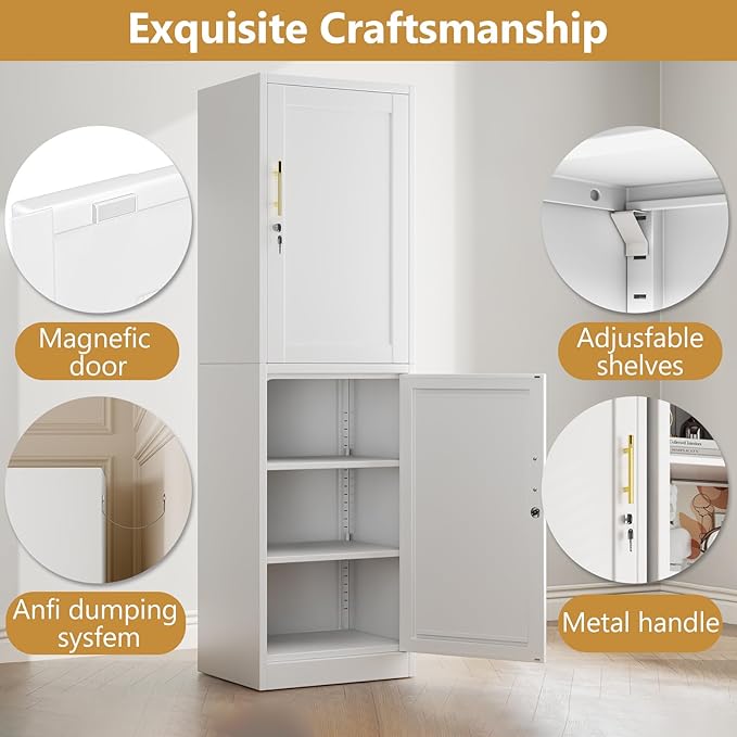 Tall Narrow Slim Metal Storage Cabinet with Lock and 5 Adjustable Shelves,Steel File Cabinets,Kitchen Pantry Cabinet Locker Organizer - 67" Storage Cabinets for Bathroom,Bedroom,Office