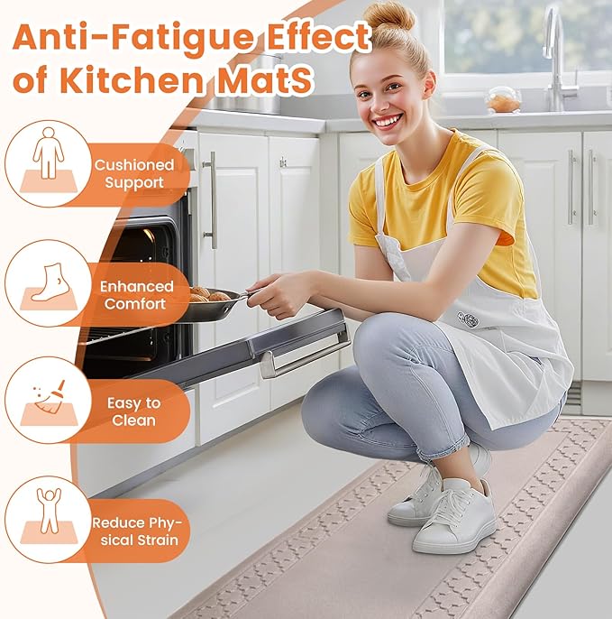 4/5 Inch Thicker Kitchen Mats for Floor Non-Slip Anti Fatigue Comfort Mat Waterproof Kitchen Rug for Sink, Office,Home Stain Resistant Standing Desk Rugs-17.3"x 47", Khaki
