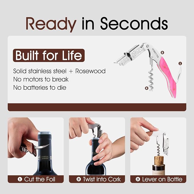 GOBETTER Wine Opener, Professional Corkscrews for Wine Bottles Cap Remover, Manual Wine Key for Home Use, Servers, Waiters Bartenders and Wine Lovers, Pink Resin