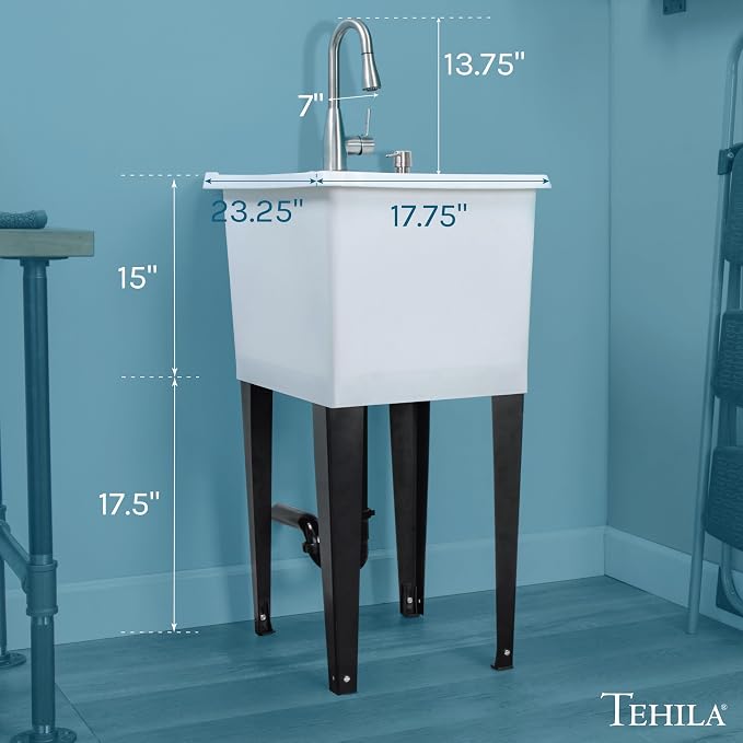 White Space Saver Utility Sink by JS Jackson Supplies, Freestanding Tehila Space Saving Laundry Tub, Stainless Steel Pull-Down Faucet, Soap Dispenser