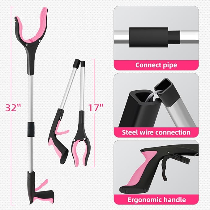 2-Pack 32" Grabber Reacher Tool, Foldable Reacher Grabber Pickup Tool with 360° Rotating Jaw & Magnetic Tip, GarbageTrash Picker Upper Grabber,Lightweight Grabbers for Seniors/Elderly(Pink)