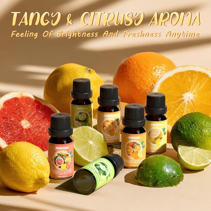 ARVIDSSON Citrus Essential Oils Set, Natural Fruit Essential Oil for Diffuser, Candle Making - Grapefruit, Bergamot, Sweet Orange, Lemon, Lime, Tangerine, Citrusy Scented Oils for Home