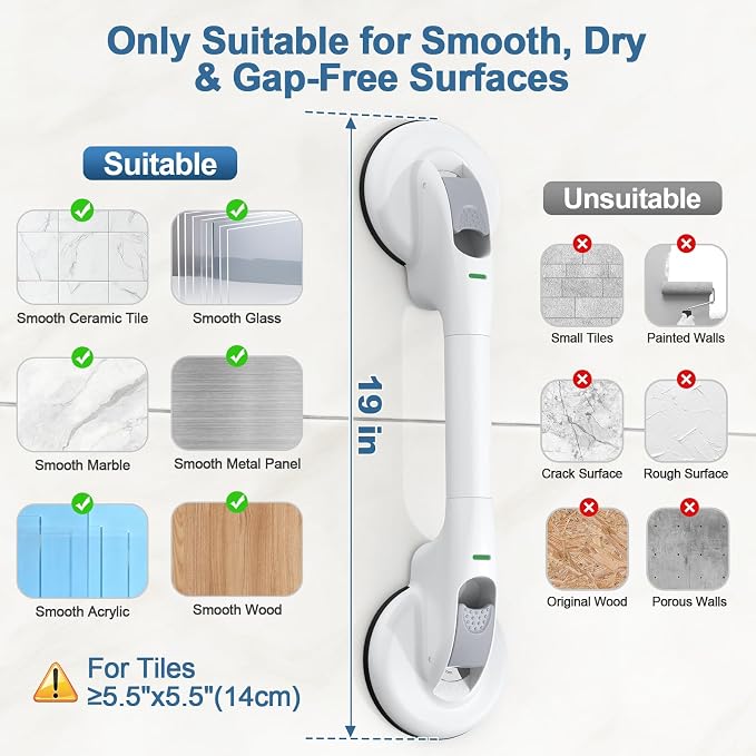 Grab Bars for Shower 19 Inch, 330lbs Heavy Duty Safety Bars with Indicator, Suction Cup Shower Handles with Upgraded Rubber Suction Cup, Gifts for Seniors, Elderly & Handicap