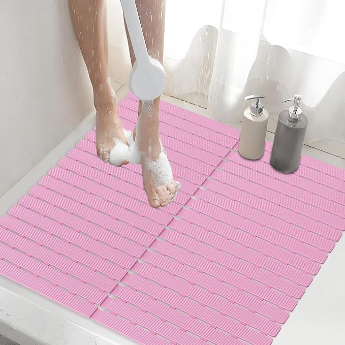 Shower Mat Non-Slip Bath Mat for Tub and Shower Stall,236 Suction Cups with Drain Holes, Quick Dry Machine Washable, Extra Grip for Stand Up Showers, Bathroom Essentials 24x24 Inch (Pink)