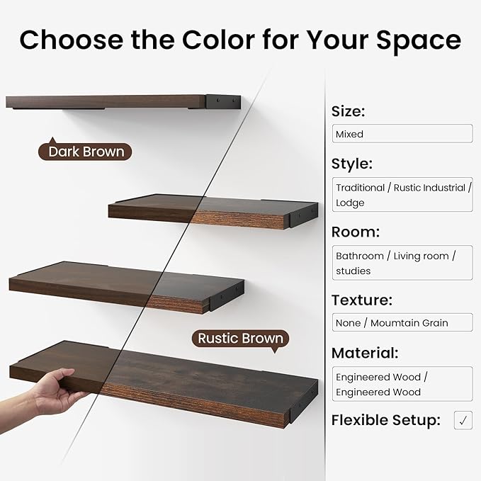 BAYKA Wall Shelves for Bedroom Decor, Floating Shelves for Wall, Display Mounted Rustic Wood Shelf for Books,Plants,Corner Shelves for Bathroom,Kitchen,Living Room(Rustic Brown,Set of 3)