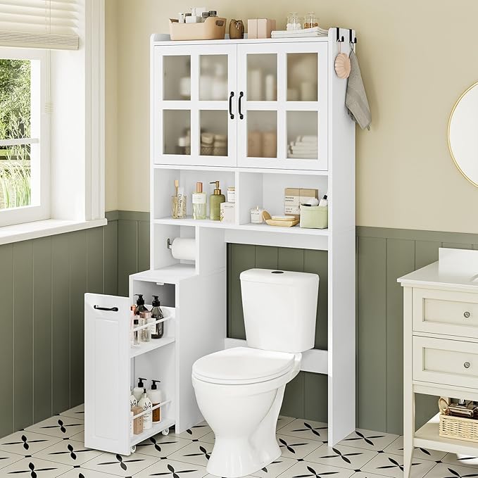 UPOSOJA Over The Toilet Storage Cabinet with Pulley Small Bathroom Storage Cabinet, Space Saver W/Adjustable Shelf & Glass Doors for Bathroom, Restroom, Laundry (Frosted Mirror-Type B)