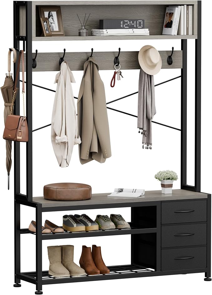 Lulive Hall Tree with 3 Drawers, Industrial Entryway 39.4" Coat Rack Shoe Bench, Freestanding Mudroom Organizer with 12 Hooks, Top Shelf Storage (Grey)
