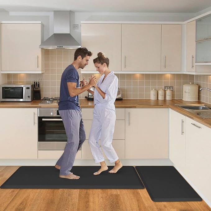 HappyTrends 2 PCS Kitchen Mat Cushioned Anti-Fatigue Floor Mat, Heavy Duty Ergonomic Comfort Foam Standing Mat, Waterproof Non-Slip Kitchen Rugs for Home, Office(17.3"x28"+17.3"x47",Black)