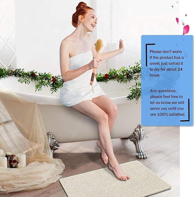godehone Shower Mats Non Slip Without Suction Cups, PVC Loofah Bathroom Mats, Loofah Mats for Shower and Bathroom, Quick Drying, 15.7× 36 Inch, Beige