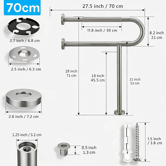 28 Inch Toilet Grab Bar with Leg for Bathroom, Wall & Floor Mounted Stainless Steel Handicap Grab Bar, Brushed Nickel Anti-Slip Knurled Grip, Safety Rail for Elderly, Disabled and Pregnant