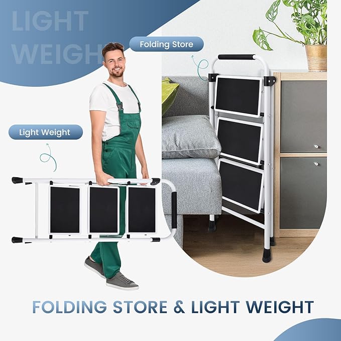 OLIXIS Step Ladder, 3 Sturdy Step Stool with Anti-Slip Pedal & Comfortable Handrail, Portable Heavy Duty Step Stool for Kitchen, Garage & Outdoor Use, 330lbs, Black