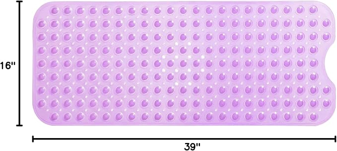 Extra-Long Non-Slip Bathtub & Shower Mat 39”x16” (Smooth/Non-Textured Tubs Only) Safe, Clean, Machine-Washable, Superior Grip&Drainage, Vinyl, Transparent Purple