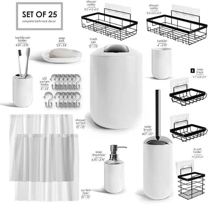 Clara Clark Bathroom Accessories Set - Bathroom Set with Adhesive Corner Shower Caddy Hanging, 25PC Bathroom Accessory Set, White Shower Curtain Set, Toilet Brush, Trash Can & Soap Dispenser