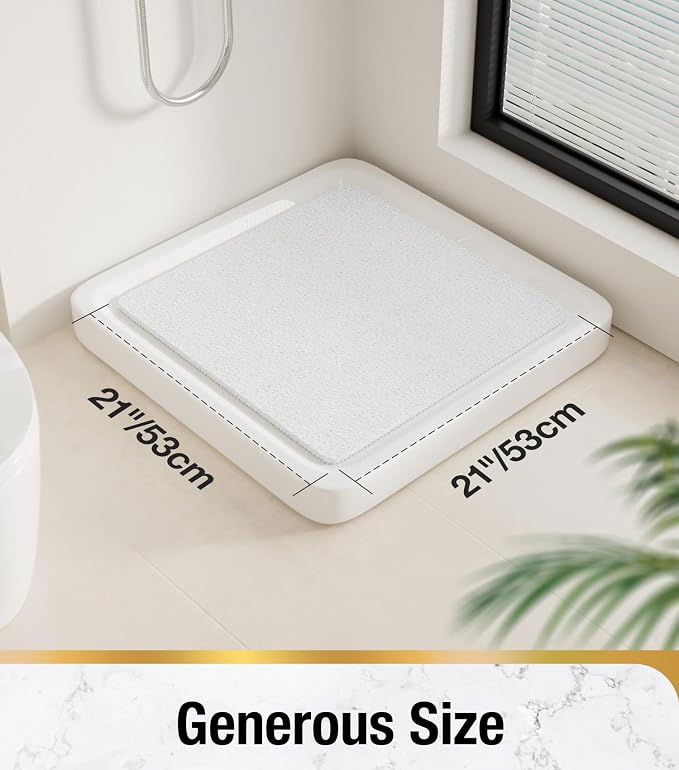 HITSLAM Square Shower Stall Mat, 21 x 21 Inch Non Slip Bath Mat for Tub, Soft PVC Loofah Bathtub Mats, Quick Drying Bathroom Shower Mat Anti Slip, Soft on Feet, White