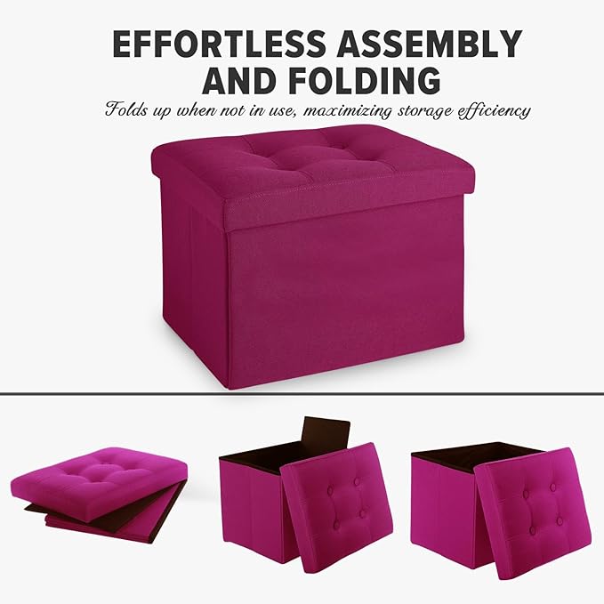LINMAGCO Small Storage Ottoman Stool Foot Rest Stool Under Desk Stool Short Folding Ottoman Linen Cloth ROSEO 17X13X13IN