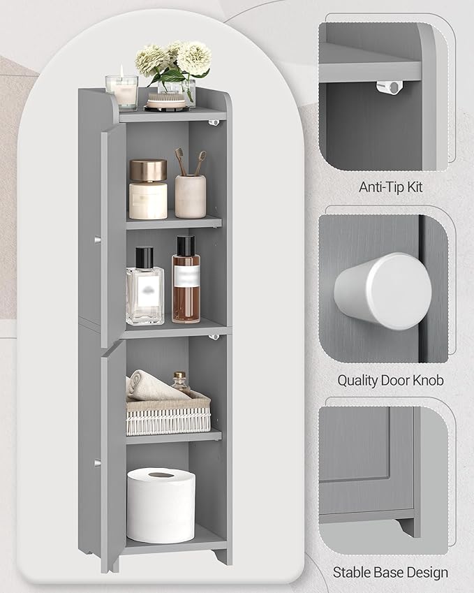 Hzuaneri Bathroom Storage Cabinet, Small Corner Floor Cabinet with 2 Doors and Adjustable Shelf, Narrow Toilet Paper Cabinets, Bathroom Organizer for Small Spaces, 7.9" D x 7.9" W x 29.5" H Gray