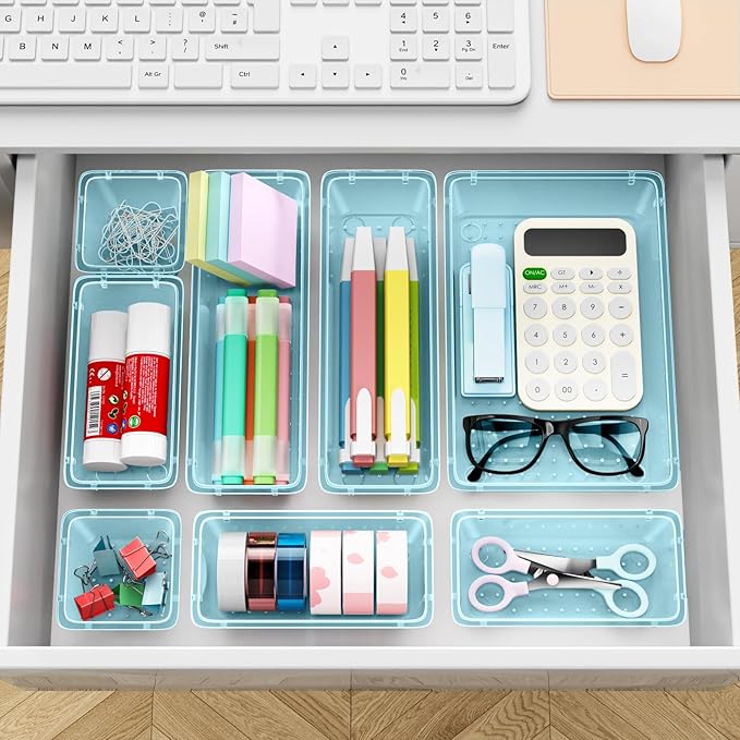 ElegantArray 12-Piece Drawer Organizer Set, 4 Sizes Versatile Plastic Vanity Organizer for Makeup, Stationery, Gadgets, in Kitchen, Bathroom, Office, and Bedroom, Sea Blue
