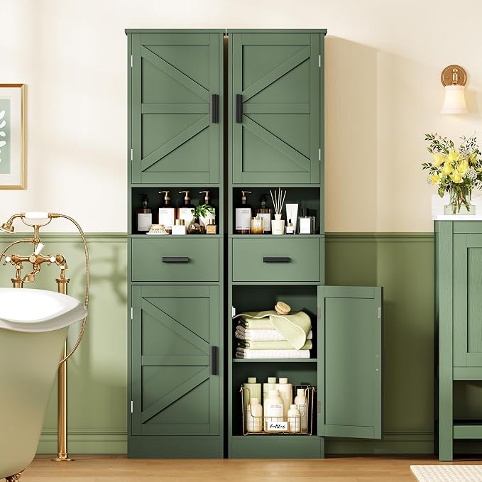 TEENFON 67" H Tall Bathroom Storage Cabinet with Barn Doors and Drawer, Narrow Bathroom Cabinet, Narrow Storage Unit, Adjustable Shelves, Floor Cabinets for Living Room, Forest Green